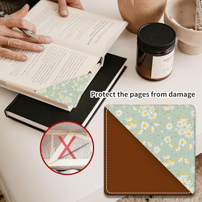Cute Leather Bookmarks, Fun Triangle Making Corner Bookmark, Book Accessories for Reading Book Lovers, Unbreakable Page Markers for Women Men Cute Green Daisy