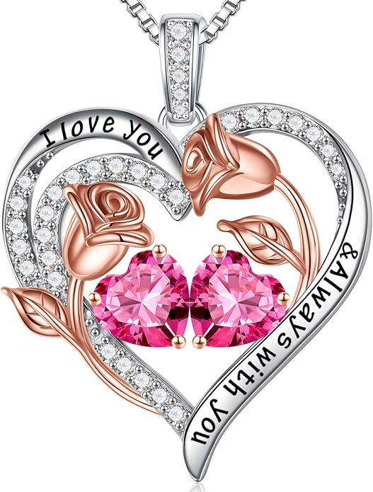 Iefil Valentines Day Gifts for Her - 925 Sterling Silver Rose Heart Birthstone Necklace Birthday Anniversary Jewelry Gifts for Her Wife Mom Daughter
