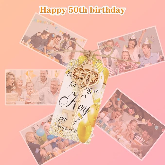 24 Sets 50 Birthday Party Favors Key Bottle Opener, 50th Beer Opener Keychain Favors for Guest with Organza Bags and Tags,Beer Keychain Bottle Openers for Birthday Party Decoration Supplies (Gold-50)