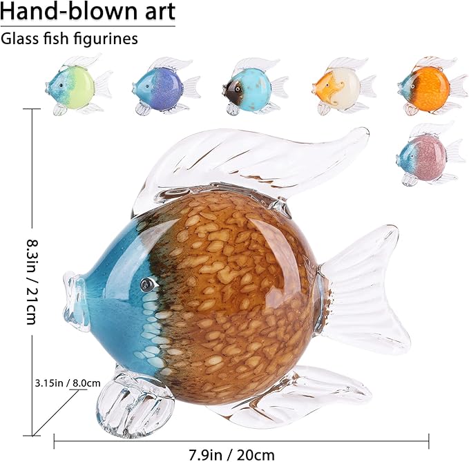 LCCCK Large Glass Fish Figurines Hand Blown Glass Fish Statue and Sculpture Home Decor, Murano Animal Tropical Sea Glass Paperweights for Desk, Glass Aquarium Coastal Beach Decorative (Brown)