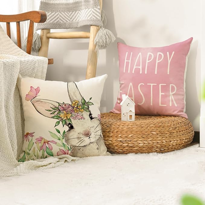 AVOIN colorlife Happy Easter Hunny Bunny Pink Throw Pillow Covers, 18 x 18 Inch Easter Eggs Bunny Spring Cushion Case for Sofa Couch Set of 4