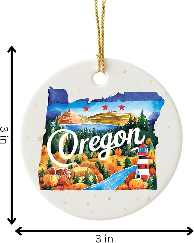 USA State Landmark Ceramic Ornament – Round Glossy Christmas Decoration Featuring U.S. State Art, Landmarks & Holiday Scenery – Collectible Travel Souvenir Ornament Series (Oregon)