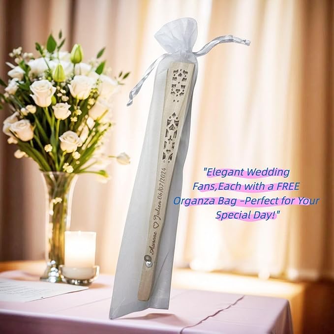 70Pcs Personalized Sandalwood Wedding Fans -Custom Elegant Handheld Fans for Brides, Grooms, and Guests - Perfect Wedding Favors and Decor (with Organza Bags)