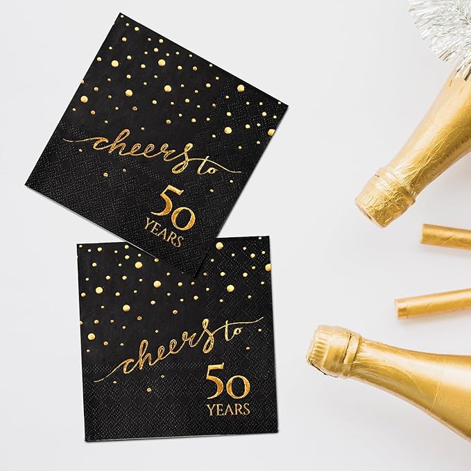 100 Pack of 50th Birthday Napkins, Cheers to 50 Cocktail 5x5 Inches Party Paper Napkins for Birthday Decorations Wedding Anniversary Black and Gold, 3-Ply