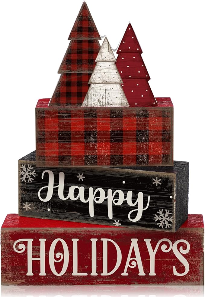 4 Pcs Christmas Table Decor Wooden Tree Decoration Christmas Centerpiece Winter Tiered Tray Decor Decorative Red and Black Buffalo Plaid Block Signs Gift Farmhouse Xmas Decoration for Kitchen