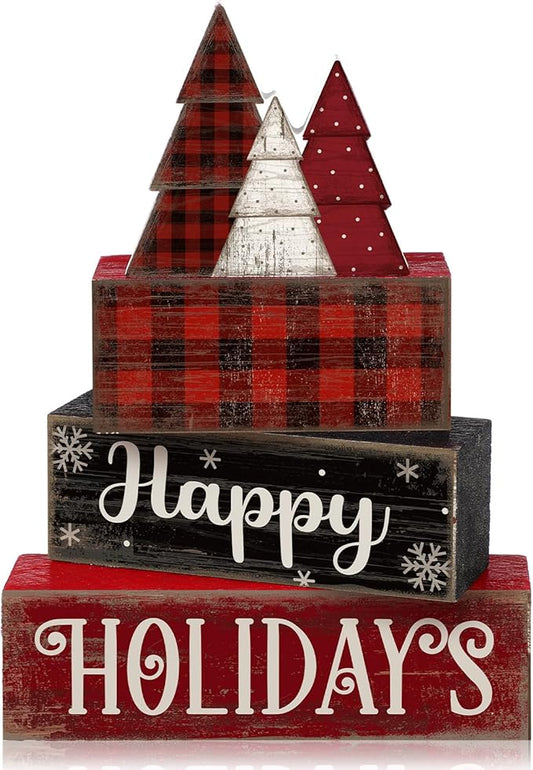 4 Pcs Christmas Table Decor Wooden Tree Decoration Christmas Centerpiece Winter Tiered Tray Decor Decorative Red and Black Buffalo Plaid Block Signs Gift Farmhouse Xmas Decoration for Kitchen