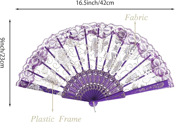 QIRMIZI 10 Pcs Rose Lace Folding Fans,Silk Folding Hand Fans, Perfect for Weddings, Parties, and Dancing,Purple