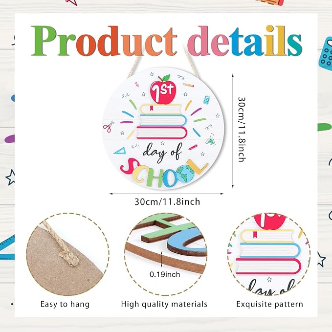 CHDITB First Day of School Sign Back to School Wooden Hanging Sign, Colorful Welcome School Party Outdoor Deco for Classroom Decorations Round 3D Book Wooden Plaque for Classroom Nursery Decor