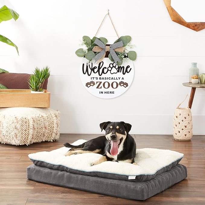 TOARTi 3D Rustic Front Door Welcome Sign Hanging with Bow-Knot Wreath, It's Basically A Zoo in Here Funny Home Porch Wall Decoration, Cute Dog Paws Pet House Decor for Pet Lover Owner Gift