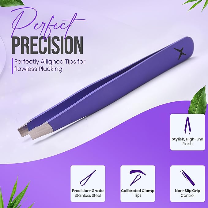 Slanted Stainless Steel Tweezers for Men & Women - Precision Eyebrow Tweezers for Facial Hairs, Strong Grip, Fine Tip, Professional Tweezer for Plucking & Grooming (Purple)