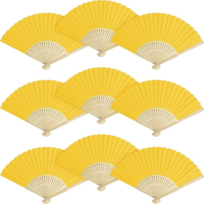 50 Pieces Paper Fans Paper Hand Fan Bamboo Folding Fan Handheld Fan Paper Folded Fan Paper Fan for Wedding Party and Home Decoration (Yellow)