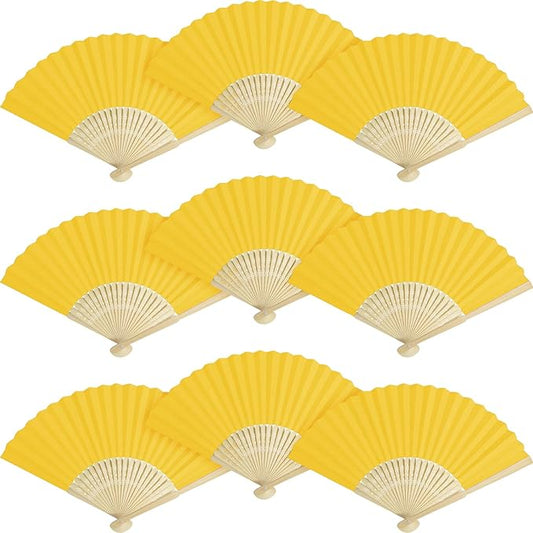50 Pieces Paper Fans Paper Hand Fan Bamboo Folding Fan Handheld Fan Paper Folded Fan Paper Fan for Wedding Party and Home Decoration (Yellow)