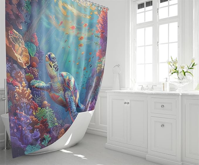 4 Pcs Ocean Themed Shower Curtain - Sea Turtle Shower Curtain Set Ocean Shower Curtain for Bathroom Sea Turtle Shower Curtain Set with Rug,Toilet Cover and Bath Mat with 12 Hooks