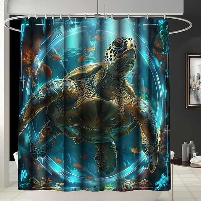 Turtle Shower Curtain - 4 Pcs Sea Turtle Shower Curtains for Bathroom Ocean Shower Curtains for Bathroom Coastal Shower Curtain Sea Themed Shower Curtain Sets with Shower Curtain and Rugs