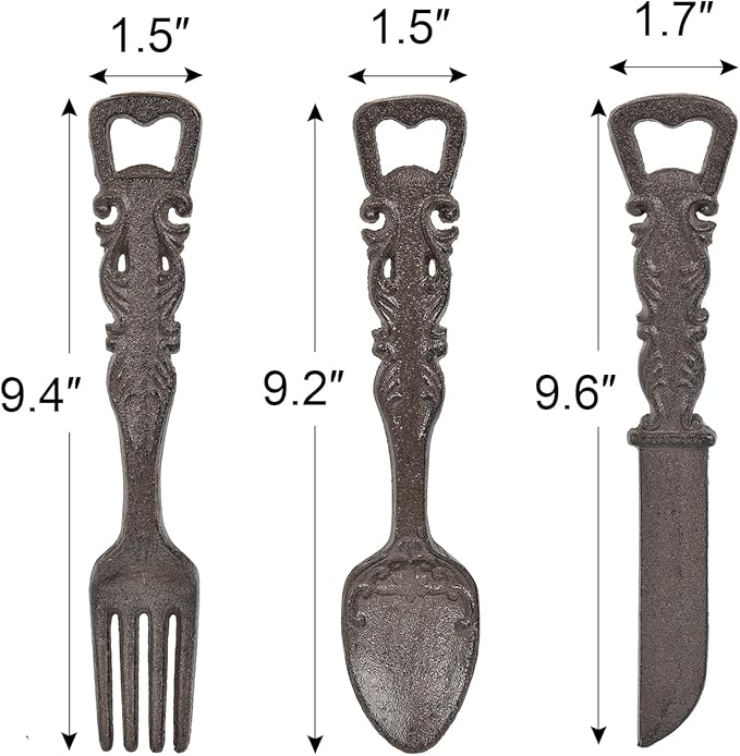 Sungmor Cast Iron Utensil Wall Décor Set with Bottle Opener - Vintage Fork, Spoon & Knife Wall Sculpture - Set of 3 Rustic Hanging Accents for Kitchen, Dining Room or Bar
