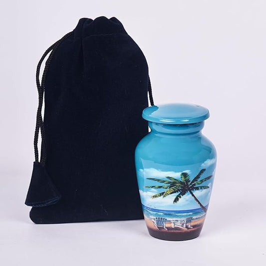 HLC Blue Beach Small Keepsake - Keepsake Urn with 1 Velvet Box Bag-Mini Keepsake Urn - Ashes Urn 3" H x 2.5" W x 2.5" L