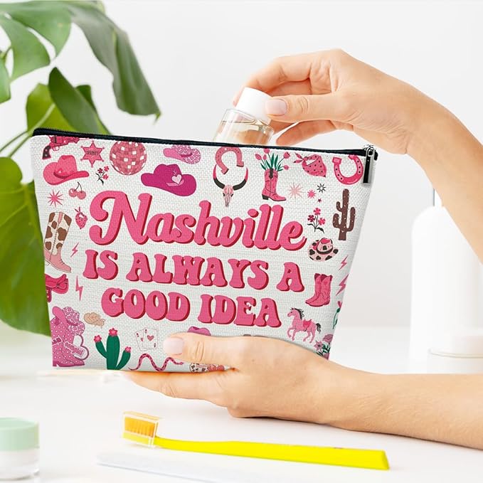 Nashville Travel Makeup Bag, Nashville Lover Gift Cosmetic Bag, Country Music Themed Gifts For Traveller Women Friends Sister, Birthday Christmas Bachelorette Party Favors for Girl