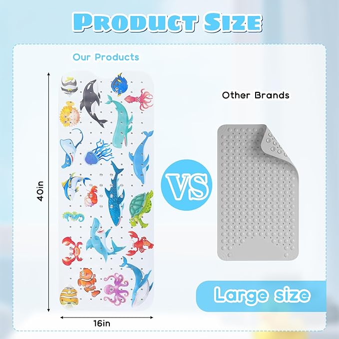 Baby Bath Mat for Tub Non Slip Kids Bathtub Mat Extra Long 40X16 Inch Toddler Bath Tub Shower Mat Anti Slip with Suction Cups & Drain Holes, Machine Washable (Ocean Animals)