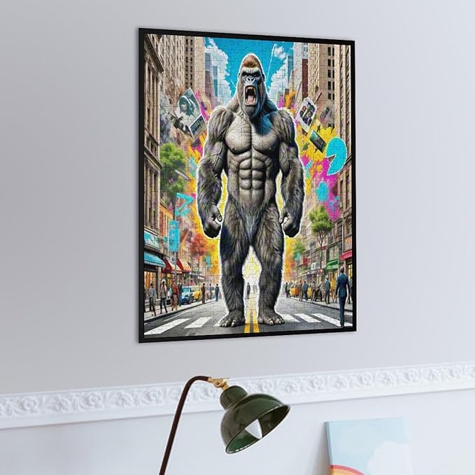 Funny Wooden Puzzle - Gorilla Attacks City Puzzle for Adult 500 Piece，Wooden Jigsaw Puzzles Art Leisure Game Fun Suitable Family Friends Educational Learning Games Gift