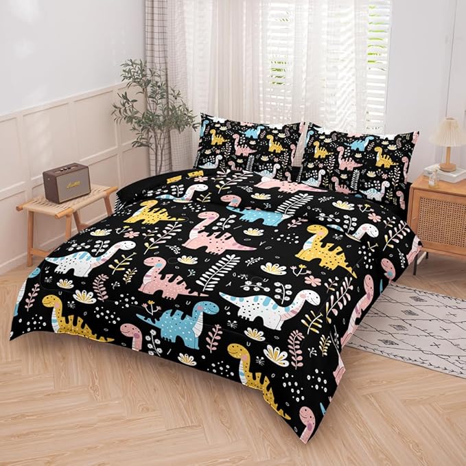 Boys Dinosaur Comforter Sets Full 5PCS,Dinosaur Cute Bedding Set for Kids,Cartoon Dinosaurs Twin Comforter Set,Boys Bed in a Bag with Flat Sheet and Fitted Sheet,Pillowcase