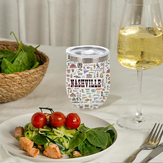 Nashville Gifts Travel Souvenir Wine Tumbler 12 oz Insulated Wine Glass Cup with Lid Straw Vacuum Insulated Cup,Travel Lover Gifts for Women Men Friend Birthday Christmas Halloween