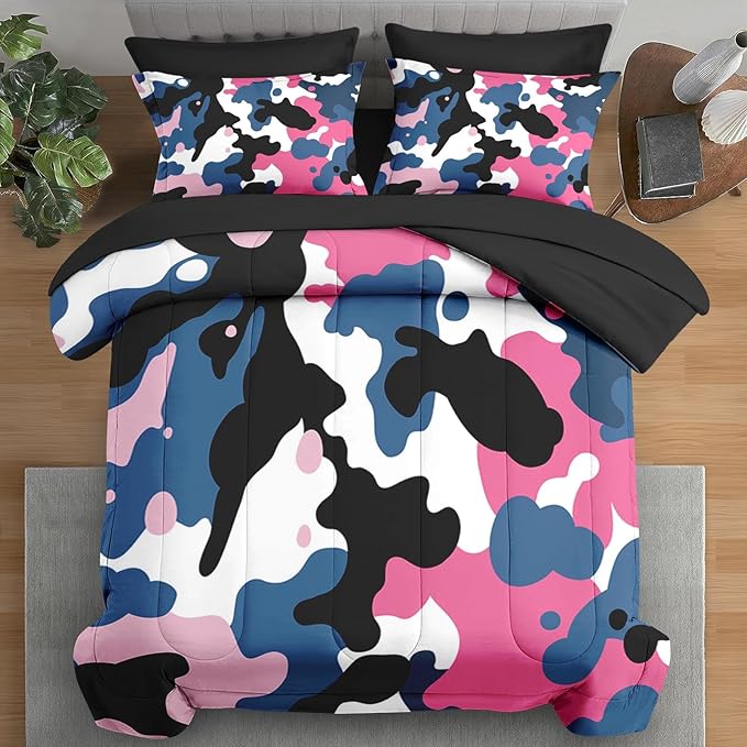 Comforter Set Full Size, Camouflage Camo Army 7 Pcs Bedding for Kids and Adults, Pink Green Summer Bed Sheet Sets with Fitted Sheet 2 Pillowcases & 2 Shams for Bedroom Bed Decor