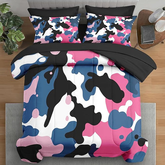 Comforter Set Full Size, Camouflage Camo Army 7 Pcs Bedding for Kids and Adults, Pink Green Summer Bed Sheet Sets with Fitted Sheet 2 Pillowcases & 2 Shams for Bedroom Bed Decor