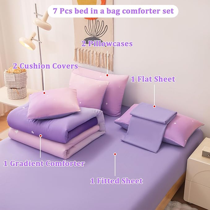 Rainbow Bedding Set Full Size – 7 Piece Reversible Girls Comforter with Deep-Pocket Sheet, Gradient Galaxy Design, Whole-Piece Filling, Machine Washable Bed-in-a-Bag for Kids Room Makeover & Gifts