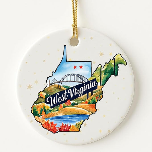USA State Landmark Ceramic Ornament – Round Glossy Christmas Decoration Featuring U.S. State Art, Landmarks & Holiday Scenery – Collectible Travel Souvenir Ornament Series (West Virginia)