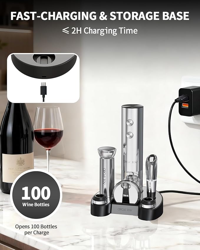 CIRCLE JOY Electric Wine Bottle Opener Set Stainless Steel Rechargeable Wine Opener 8-in-1 Wine Gift Set with Charging base, Foil Cutter, Wine Aerator Pourer, Vacuum Pump & 2 Wine Stoppers