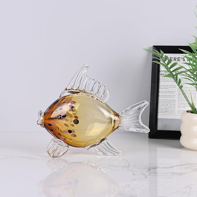 Large Glass Fish Figurine for Home Decor, Hand Blown Art Glass Ocean Animal Statue, Decorative Coastal and Beach Themed Sculpture for Table, Shelf, Bathroom, Living Room or Office