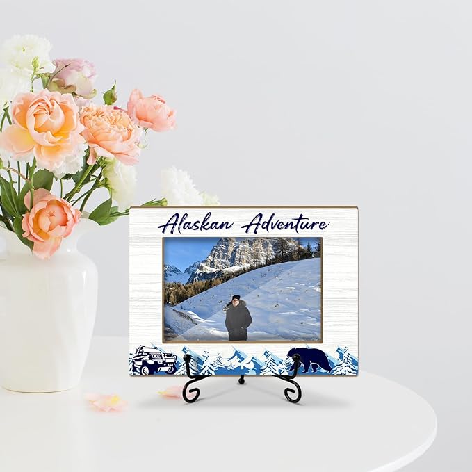 Lesixur Alaska Adventure Photo Frame with Iron Stand, Alaska Vacation Friendship Gifts for Friends Family Couples, 4x6 Wooden Picture Frame for Tabletop Desktop Display, Home Table Decor -048