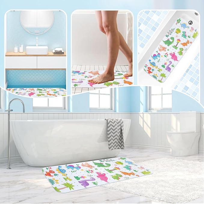 Baby Bath Mat for Tub Non Slip Kids Bathtub Mat Extra Long 40X16 Inch Toddler Bath Tub Shower Mat Anti Slip with Suction Cups & Drain Holes, Machine Washable (Forest Dinosaur)