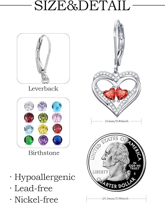 Heart Leverback Earrings Double Birthstone Dangle Earrings for Women, Love Jewelry for Her, Christmas Gifts for Women, Anniversary Birthday Gift for Mom Wife Girlfriend