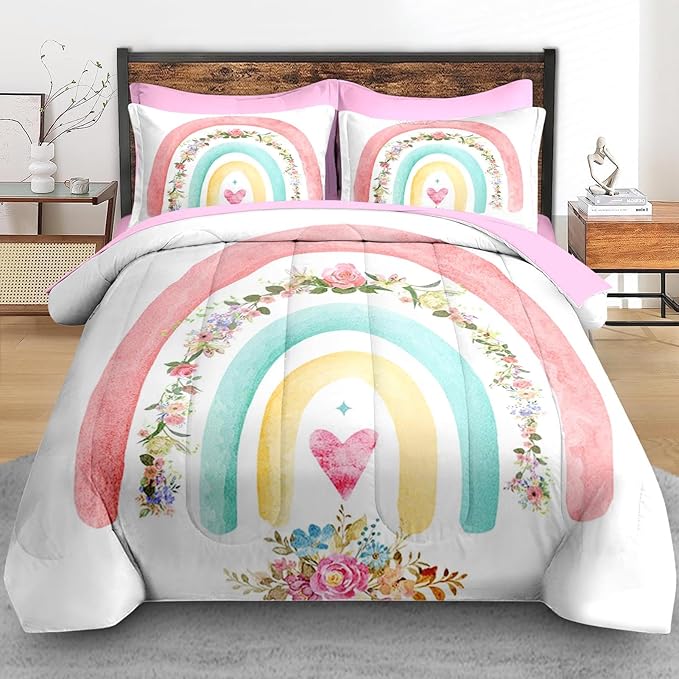 Comforter Set Twin Size, Cute Heart Pink Rose 5 Pcs Bedding for Kids and Adults, Rainbow Leaves Vintage Bed Sheet Sets with Fitted Sheet Pillowcase & Sham for Bedroom Bed Decor