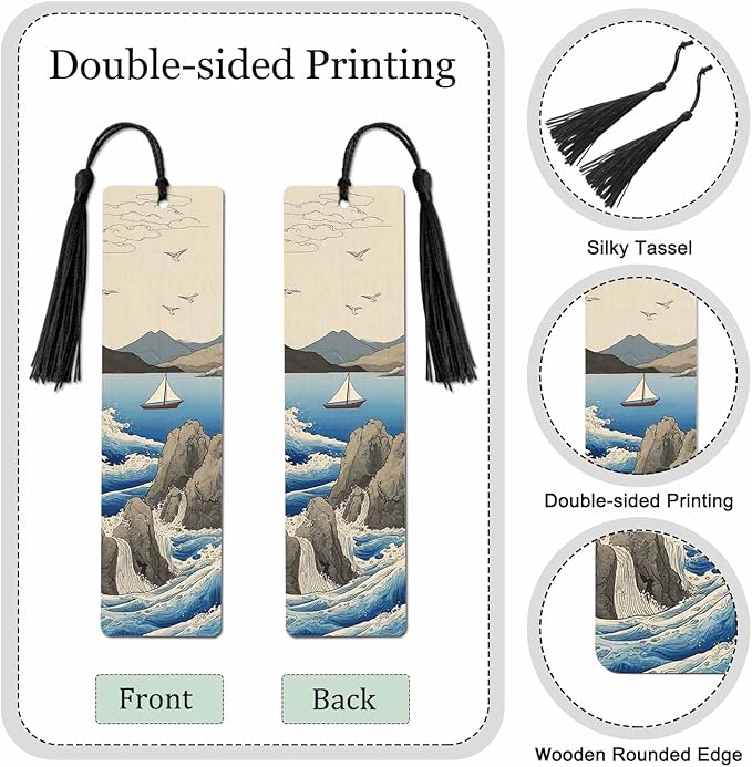 Ocean Waves Bookmarks 5 Pcs with Tassels Rocks Sailboat Seagulls Wooden Bookmarks for Reading Women Students Teacher Reader
