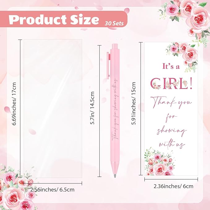 30 Sets It's a Girl Pens for Guests Girl Party Favors Retractable Ballpoint Pen with Bookmarks Black Ink Gender Reveal Souvenirs Prizes Supplies