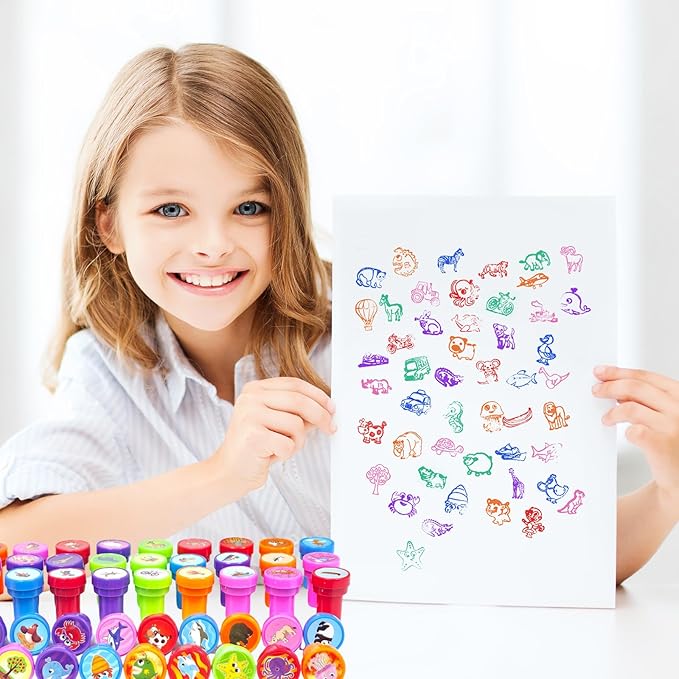 Cinrobiye 50 PCS Stampers for Kids ,Animal Car Fun Theme Self-Inking Stamp Set for Party Favors Classroom Rewards DIY Crafts Goodie Bag Fillers Birthday Gifts Spring Summer Supplies