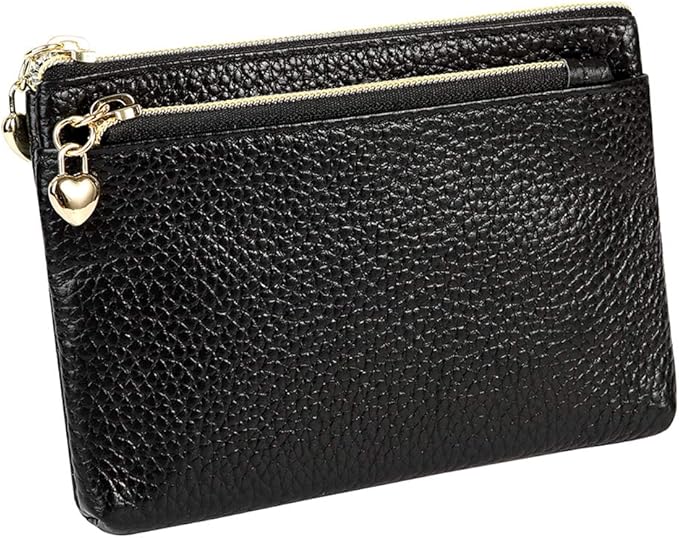 Women's Genuine Leather Coin Purse Zipper Pocket Size Pouch Change Wallet, Black
