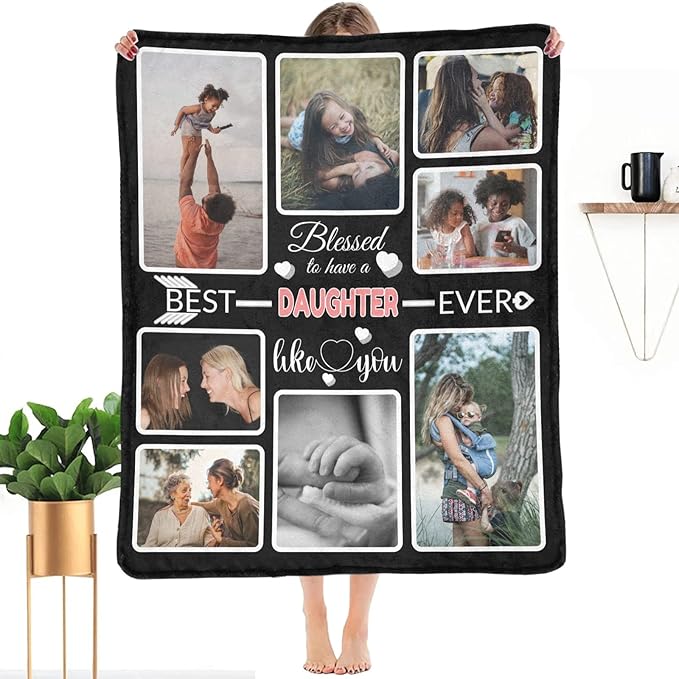 Custom Blanket Gifts for Daughter, Customized Blankets with Photos, Make a Personalized Bed Throws to My Daughter, Custom Souvenir Throw Blanket for Best Daughter Ever, 8 Collages Made in USA