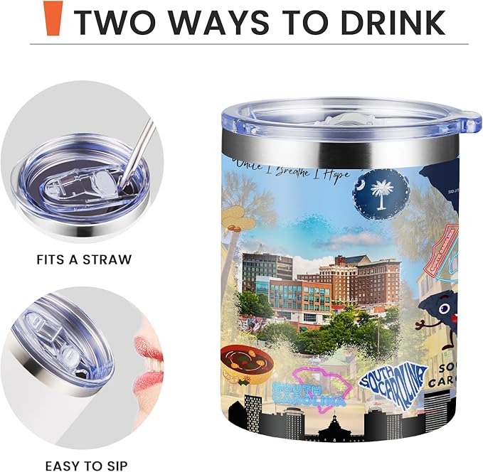 12oz Coffee Mug South Carolina State Insulated Coffee Cups, United States Map Travel Mug Landmark, Birthday Gifts Cute Mugs with Lid and Straw Gifts for Mom