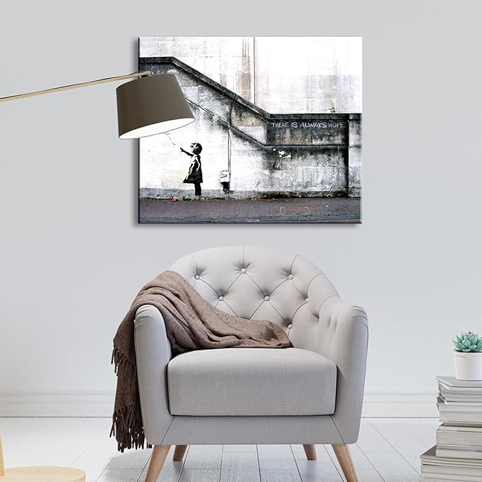 Wieco Art Banksy Grafitti Girl with Red Balloon Large Modern Gallery Wrapped Giclee Canvas Prints Artwork Grey Love Pictures Paintings on Canvas Wall Art for Living Room Bedroom Home Decorations