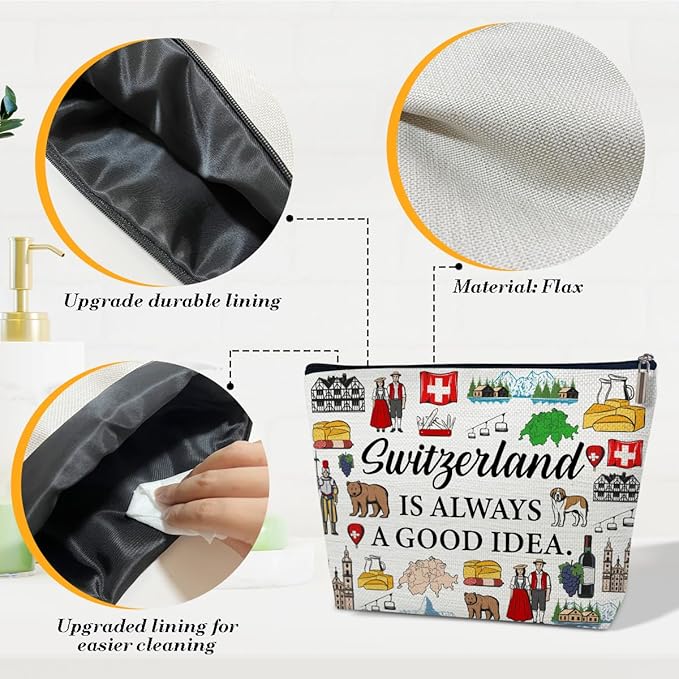 Switzerland Travel Makeup Bag, Vacation Gift, Switzerland Country Cosmetic Bag, Trip Souvenir and Travel Memory Gift, Merchandise Zipper Storage Organizer Pouch