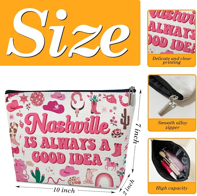 Nashville Travel Makeup Bag, Nashville Lover Gift Cosmetic Bag, Country Music Themed Gifts For Traveller Women Friends Sister, Birthday Christmas Bachelorette Party Favors for Girl