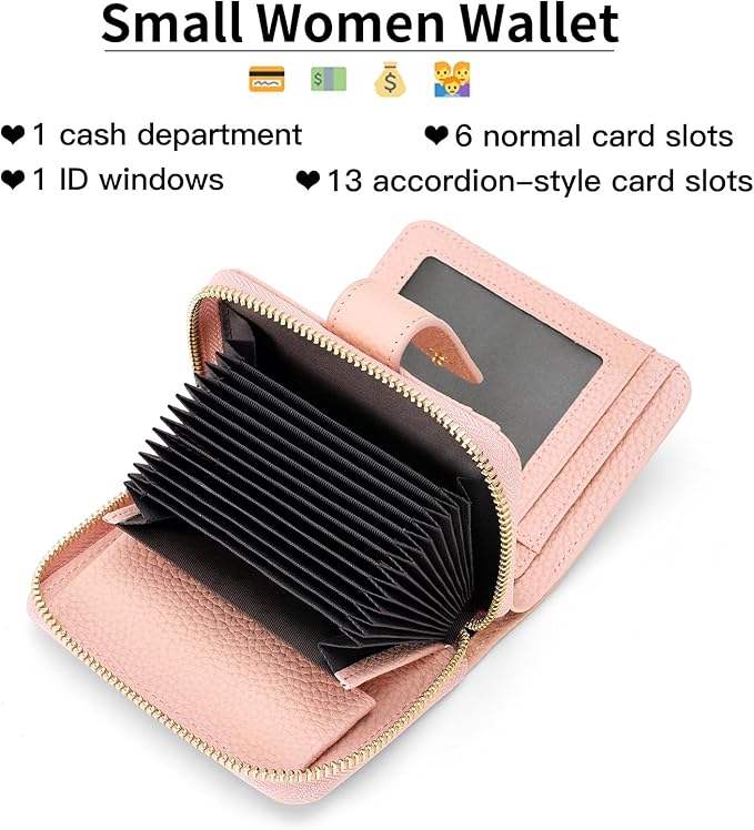 SENDEFN Small Leather Credit Card Holder Wallets for Women Bifold Zipper Pocket Purse with ID Window