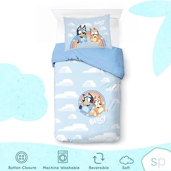 Saturday Park Bluey and Bingo Rainbow Clouds Twin Duvet Cover & Sham Set - 2 Piece 100% Organic Cotton Duvet Set - GOTS & Oeko-TEX Certified