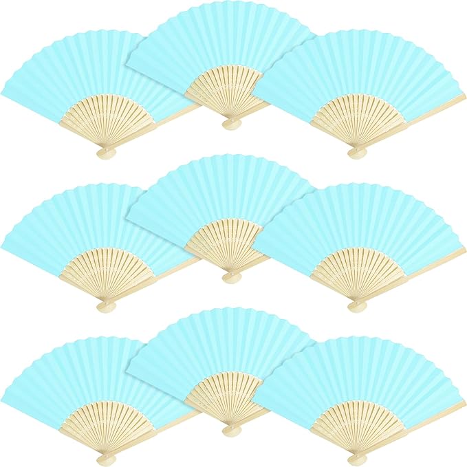 50 Piece Paper Fans - Bamboo Folding Hand Fans for Wedding Party and Home Decoration (Blue)