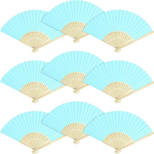 50 Piece Paper Fans - Bamboo Folding Hand Fans for Wedding Party and Home Decoration (Blue)
