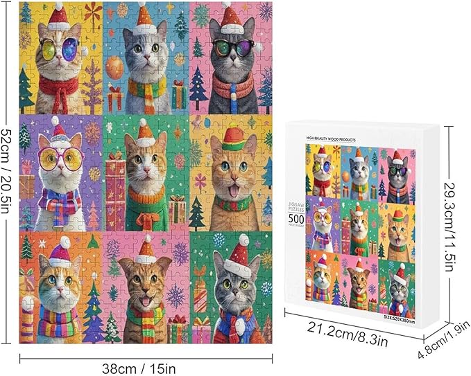 Wooden Puzzle 500 Pieces Adult - Christmas Dog Cat Puzzle Christmas Puzzles, Holiday Puzzles, Family Toys, Party Games, Jigsaw Puzzle Challenge and Funny
