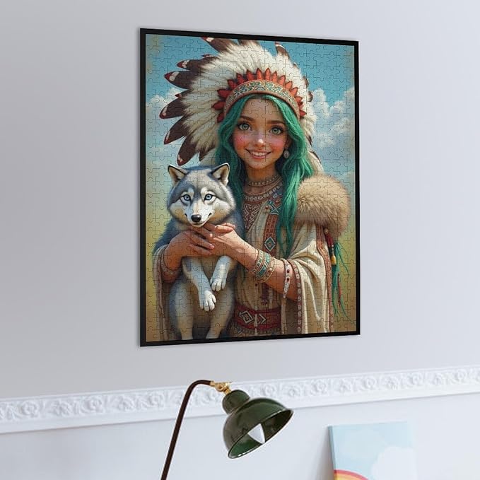 Puzzles for Adults 500 Pieces Wooden Jigsaw Puzzle - Indian Beauty & Wolf，Native American Theme Puzzle，Party Games，Family Toys，Educational Puzzles，Stress Relief Wooden Puzzle，Home Decoration